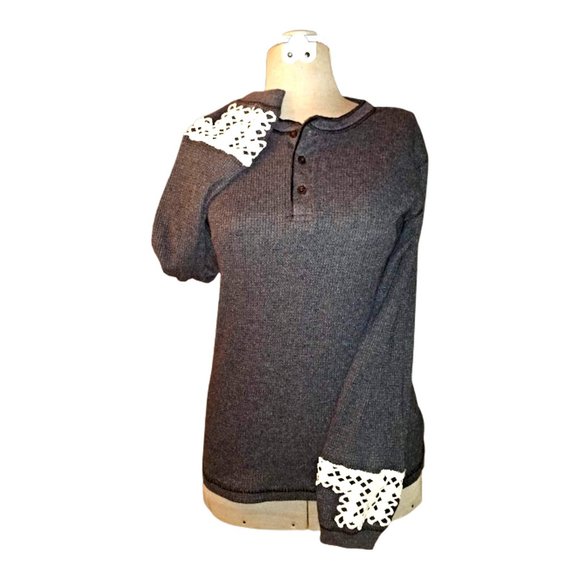 Altered Thermal Knit Top Shirt Vintage Crochet Cross Waffle Weave Henley Upcycle - Picture 2 of 9